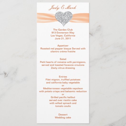 Diamond Heart Orange Wedding Menu Card Menükarte (Vorderseite)