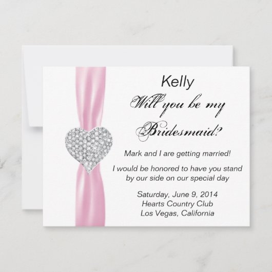 Diamond Heart Pink Wedding Bridesmaid Card Einladung (Vorderseite)
