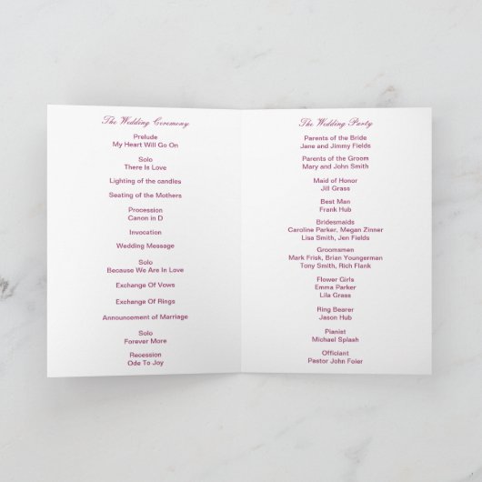 Diamond Heart Pink Wedding Program Card Programm (Innenseite)