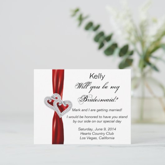 Diamond Heart Red Wedding Bridesmaid Card Einladung (Stehend Vorderseite)