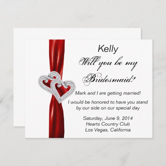 Diamond Heart Red Wedding Bridesmaid Card Einladung (Vorne/Hinten)
