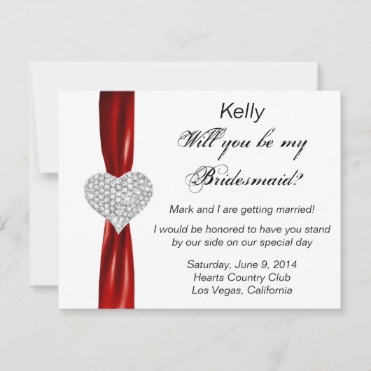 Diamond Heart Red Wedding Bridesmaid Card Einladung (Vorderseite)