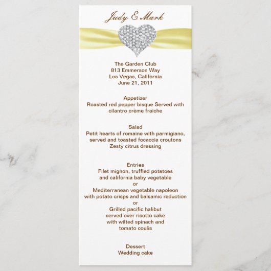 Diamond Heart Yellow Wedding Menu Card Menükarte (Vorderseite)