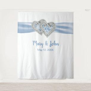Diamond Hearts Blue Ribbon Wedding Background Wandteppich
