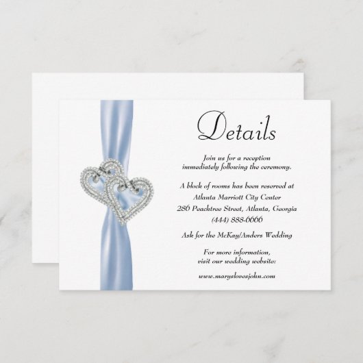 Diamond Hearts Blue Ribbon Wedding Details Begleitkarte (Vorne/Hinten)