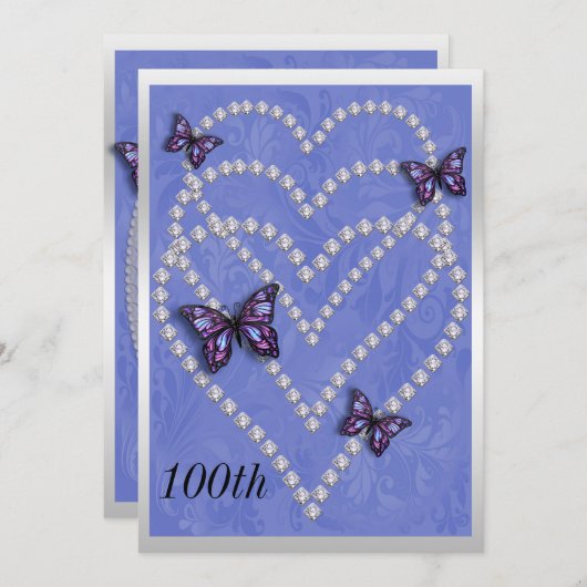 Diamond Hearts & Butterflies 100. Geburtstag Einladung (Vorne/Hinten)