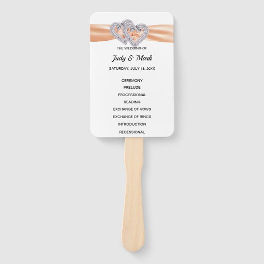 Diamond Hearts Orange Wedding Program Fans Fächer (Vorderseite)