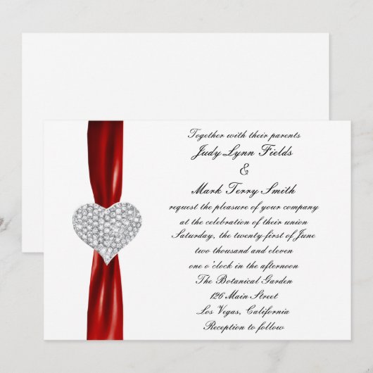 Diamond Hearts Red Wedding Einladung (Vorne/Hinten)