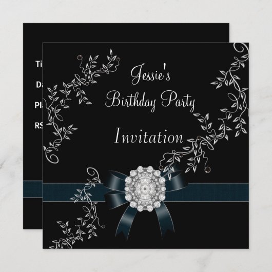 Diamond Jewel Black Bow Silver Einladung (Vorne/Hinten)