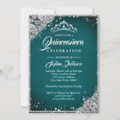 Diamond Lace Sparkle Aquamarin Silver Quinceanera Einladung (Vorderseite)