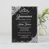 Diamond Lace Sparkle Black Silver Quinceanera Einladung (Stehend Vorderseite)