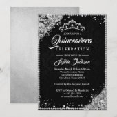 Diamond Lace Sparkle Black Silver Quinceanera Einladung (Vorne/Hinten)