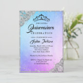 Diamond Lace Sparkle Blue Lila Quinceanera Einladung (Stehend Vorderseite)