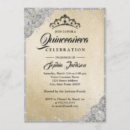 Diamond Lace Sparkle Gold Silver Quinceanera Einladung