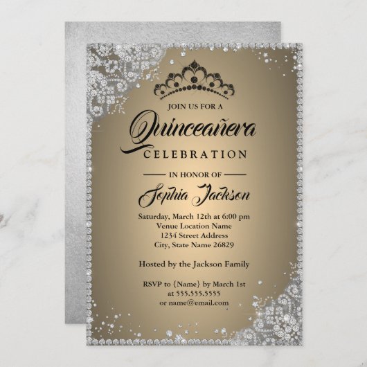 Diamond Lace Sparkle Gold Silver Quinceanera Einladung (Vorne/Hinten)