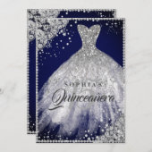 Diamond Lace Sparkle Gown Navy Quinceanera Einladung (Vorne/Hinten)