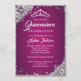 Diamond Lace Sparkle Pink Silver Quinceanera Einladung