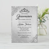 Diamond Lace Sparkle Silver Quinceanera Einladung (Stehend Vorderseite)