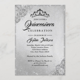 Diamond Lace Sparkle Silver Quinceanera Einladung