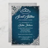 Diamond Lace Sparkle Tiara Blue Silver Sweet 16 Einladung (Vorne/Hinten)