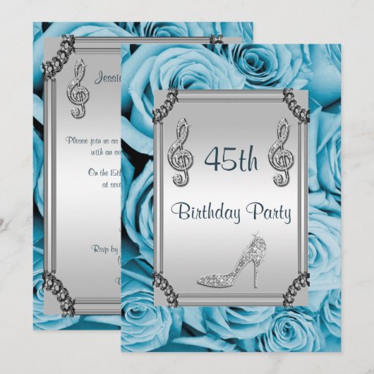 Diamond Musiknote, Stiletto & Blue Rose 45. Einladung (Vorne/Hinten)