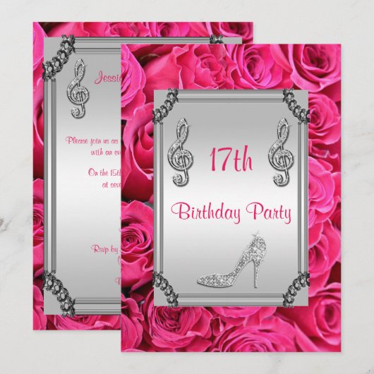 Diamond Musiknote, Stiletto & Pink Roses 17. Einladung (Vorne/Hinten)
