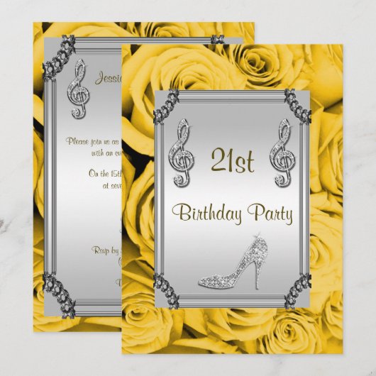 Diamond Musiknote, Stiletto & Yellow Roses 21. Einladung (Vorne/Hinten)