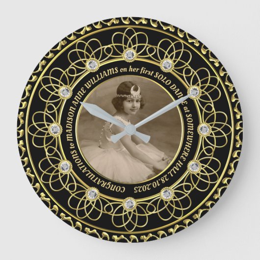 Diamond Numbers Foto Gold Gedenkstein Schwarz Große Wanduhr (Vorderseite)