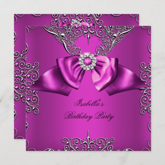 Diamond Plum Pink Bow Silver Elegant Geburtstag Einladung (Vorne/Hinten)