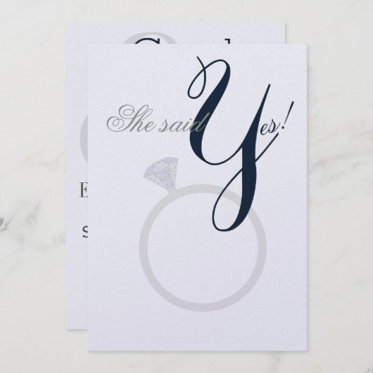 Diamond Ring Sie sagte Ja Navy und Grau Party Card Einladung (Vorne/Hinten)