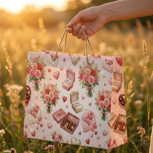 Diamond Rings, Roses & Luxury Gift Boxes Pattern Große Geschenktüte