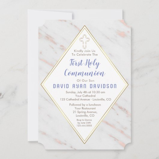 Diamond Rose Gold Marmor Erste heilige Kommune Einladung (Vorderseite)