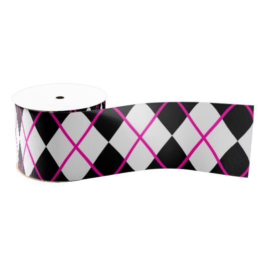 Diamond Shape Argyle Print Black Pink Ribbon Ripsband (Spule)