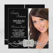 Diamond Silver Black Foto 16 . Geburtstag Geburtst Einladung (Vorne/Hinten)