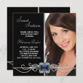 Diamond Silver Black Foto 16 . Geburtstag Geburtst Einladung (Vorne/Hinten)