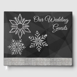 Diamond Snowflakes on Black Wedding Guest Book Gästebuch