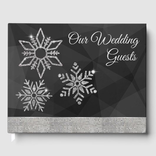 Diamond Snowflakes on Black Wedding Guest Book Gästebuch (Vorderseite)