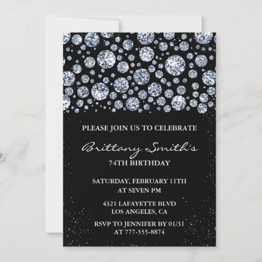 Diamond Sparkle Glitzer Black 74. Geburtstag Einladung (Vorderseite)