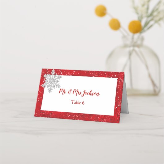 Diamond Sparkle Silver Snowflake Red Satin Platzkarte (Rückseite)