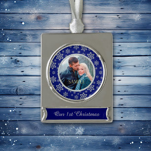 Diamond Sparkle Snowflake Blue First Christmas Banner-Ornament Silber