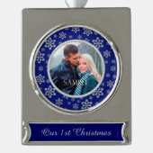 Diamond Sparkle Snowflake Blue First Christmas Banner-Ornament Silber (Vorderseite)