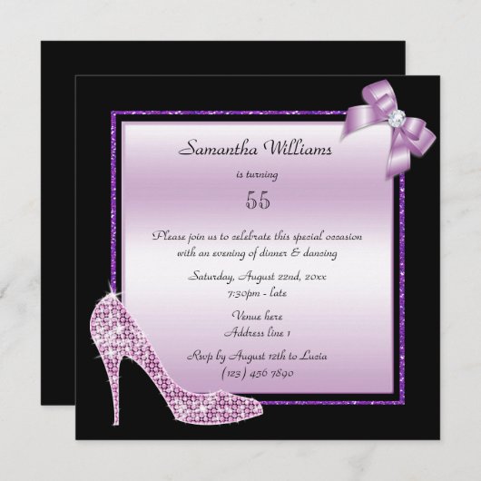 Diamond Stiletto & Romantic Bow Birthday Einladung (Vorne/Hinten)