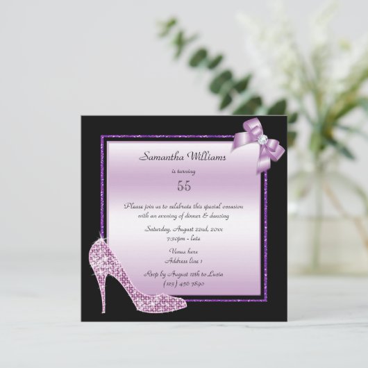 Diamond Stiletto & Romantic Bow Birthday Einladung (Stehend Vorderseite)