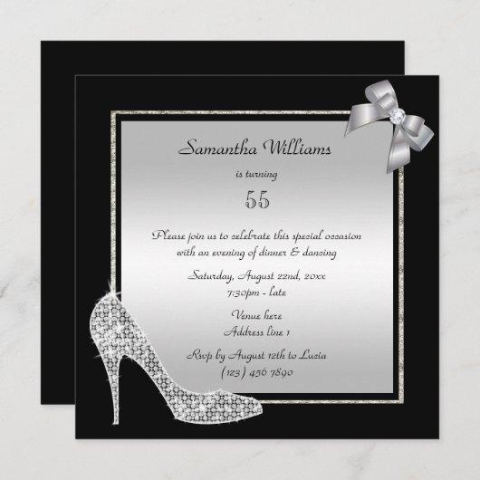 Diamond Stiletto & Romantic Silver Bow Geburtstag Einladung (Vorne/Hinten)