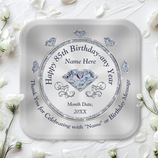 Diamond themed, 85th Birthday Plates, Personalized Pappteller