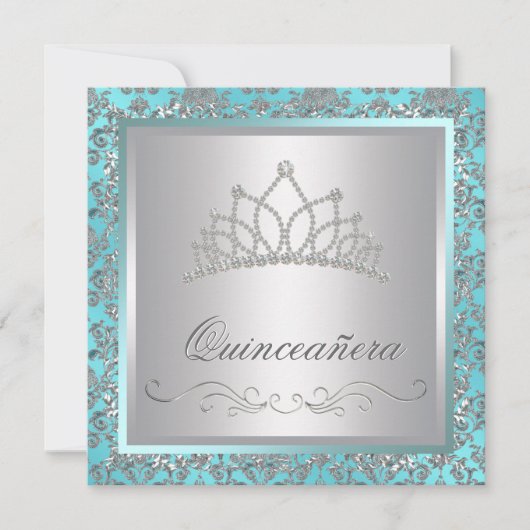 Diamond Tiara Aquamarin Blue Damask Aquamarin Blue Einladung (Vorderseite)