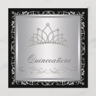 Diamond Tiara Black Damask Quinceanera Einladung