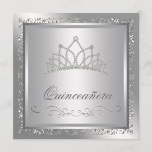 Diamond Tiara Elegant Silver Damask Quinceanera Einladung