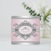 Diamond Tiara Gray Pink Princess Baby Girl Dusche Einladung (Stehend Vorderseite)