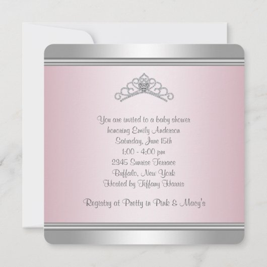 Diamond Tiara Gray Pink Princess Baby Girl Dusche Einladung (Rückseite)